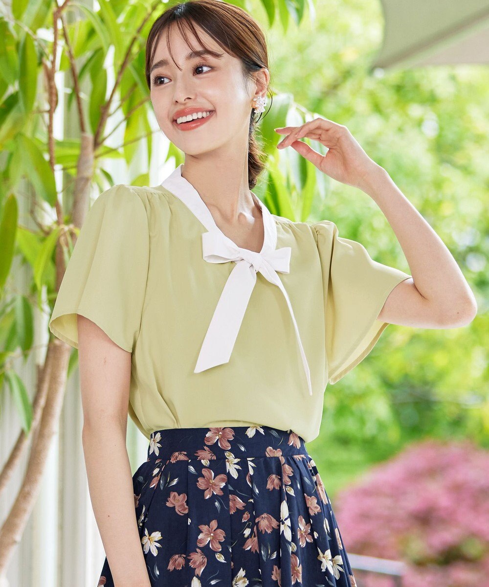 Tiaclasse 【洗える】配色リボンタイブラウス 