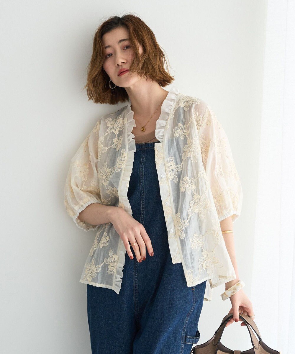 YECCA VECCA フリルVネック刺繍シアーシャツ 