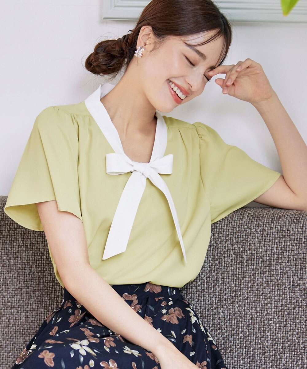 Tiaclasse 【洗える】配色リボンタイブラウス 