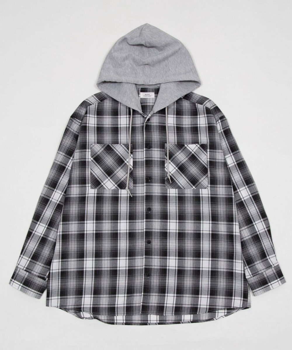 WEGO 【ユニセックス着用ITEM/MLサイズ展開】オンブレチェックフードシャツ（LS） 