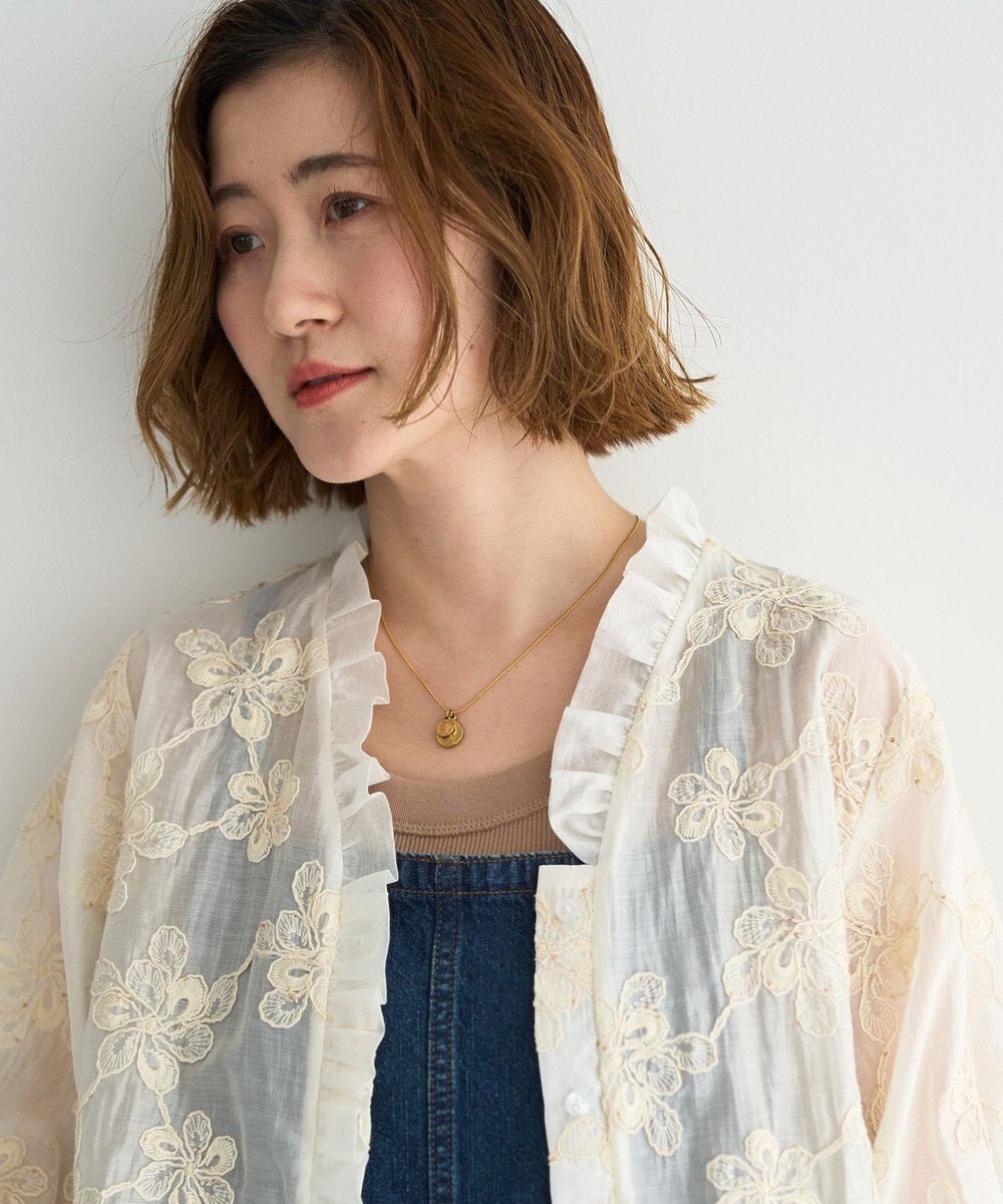 YECCA VECCA フリルVネック刺繍シアーシャツ 