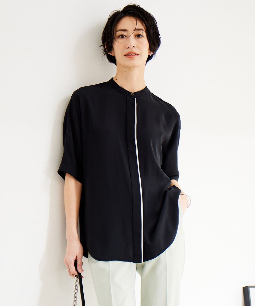 ICB L 【新色追加・接触冷感・UVケア・速乾・洗える】BackSatinAmunzen 5分袖バンドカラーブラウス 