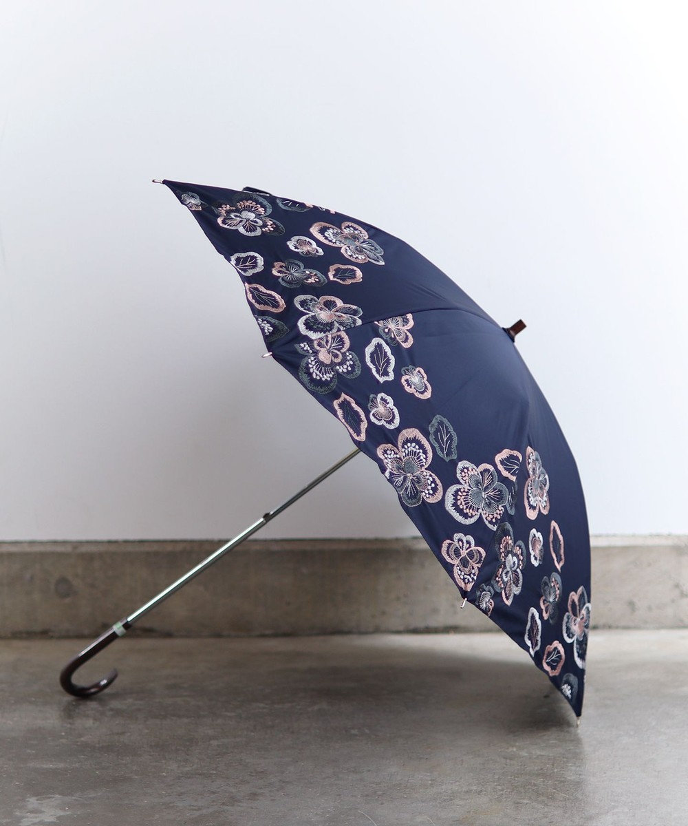 AND WOOL 【１級遮光生地】ビオラ 刺繍の晴雨兼用日傘 ネイビー