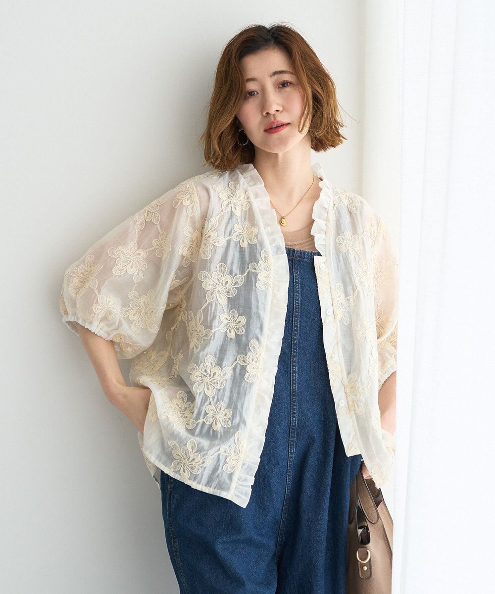 YECCA VECCA フリルVネック刺繍シアーシャツ 