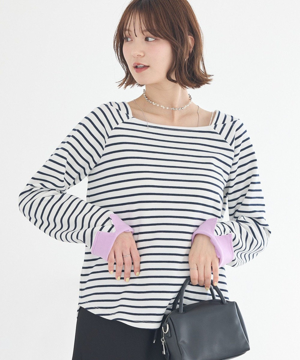 earth music&ecology バイカラースクエアネックボーダープルオーバー 