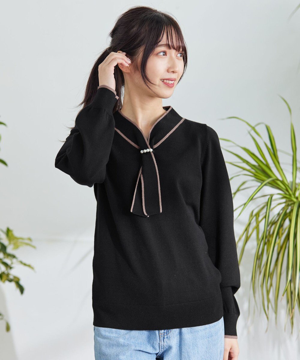 Tiaclasse 【洗える】パール付き配色ボウタイニットトップス 