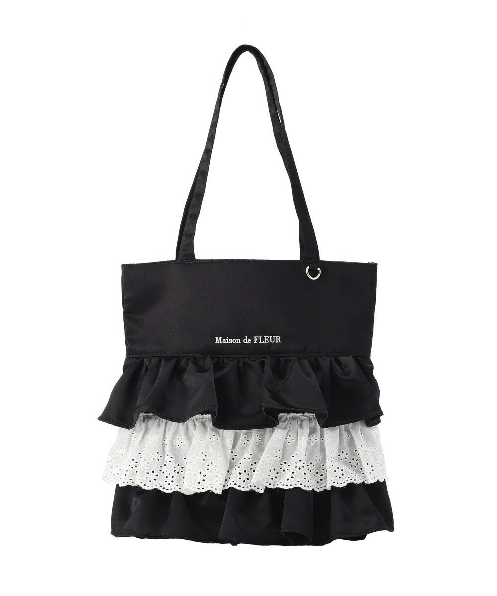 Maison de FLEUR サテンフロントフリルスクエアトートバッグ 