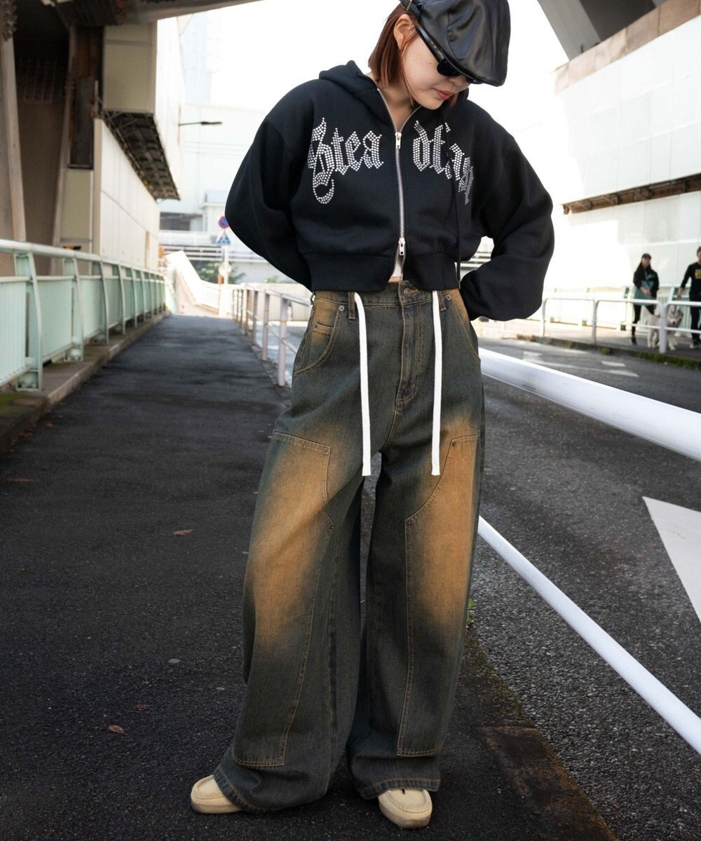 WEGO 【裏起毛】ラインストーン裏起毛ショートジップパーカー 