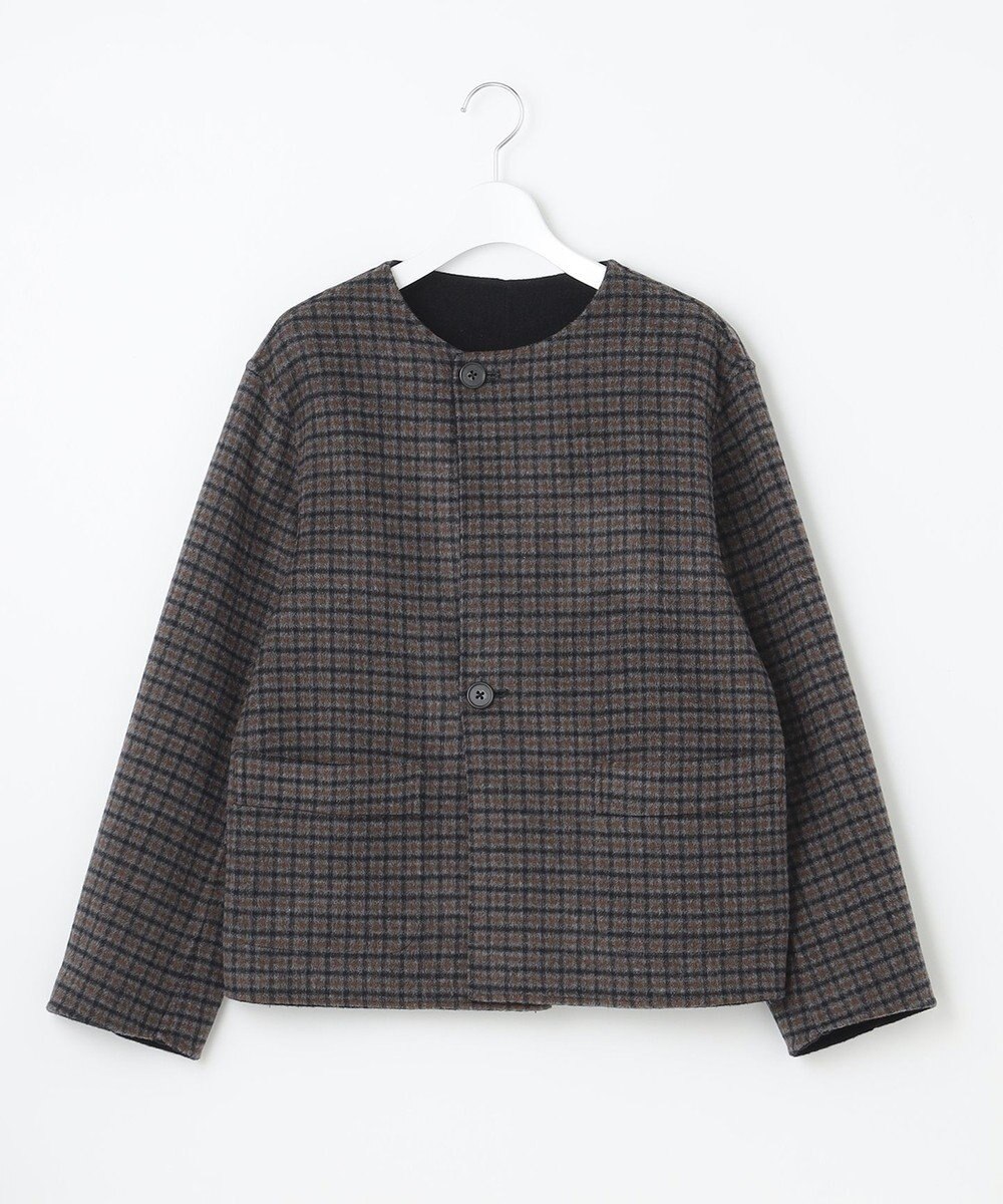 J.PRESS LADIES S 【リバーシブル】ウールナイロン リバーチェック ノーカラー ショートコート 