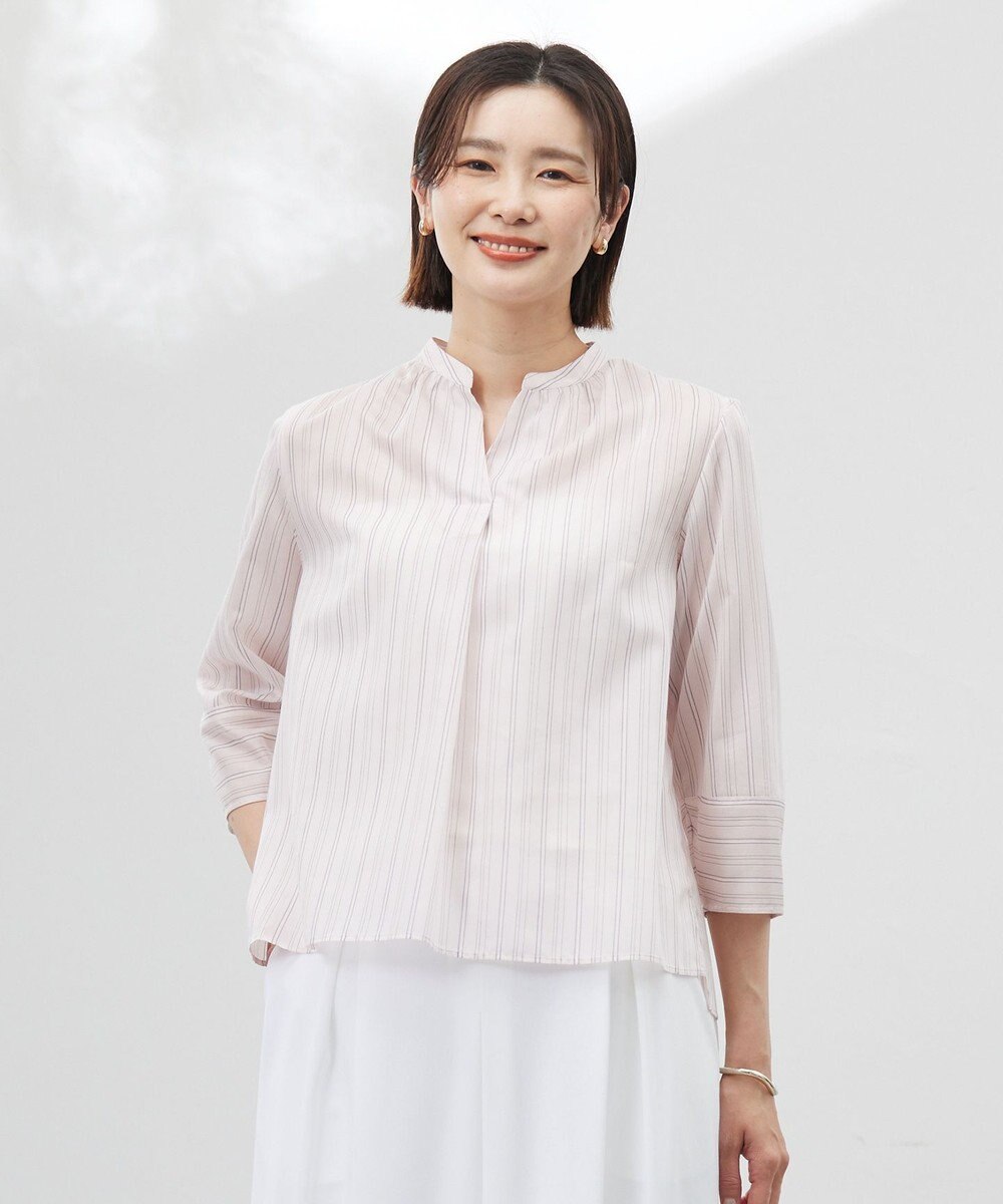 J.PRESS LADIES 【洗える】ランダムストライプ スタンドカラー  ブラウス 