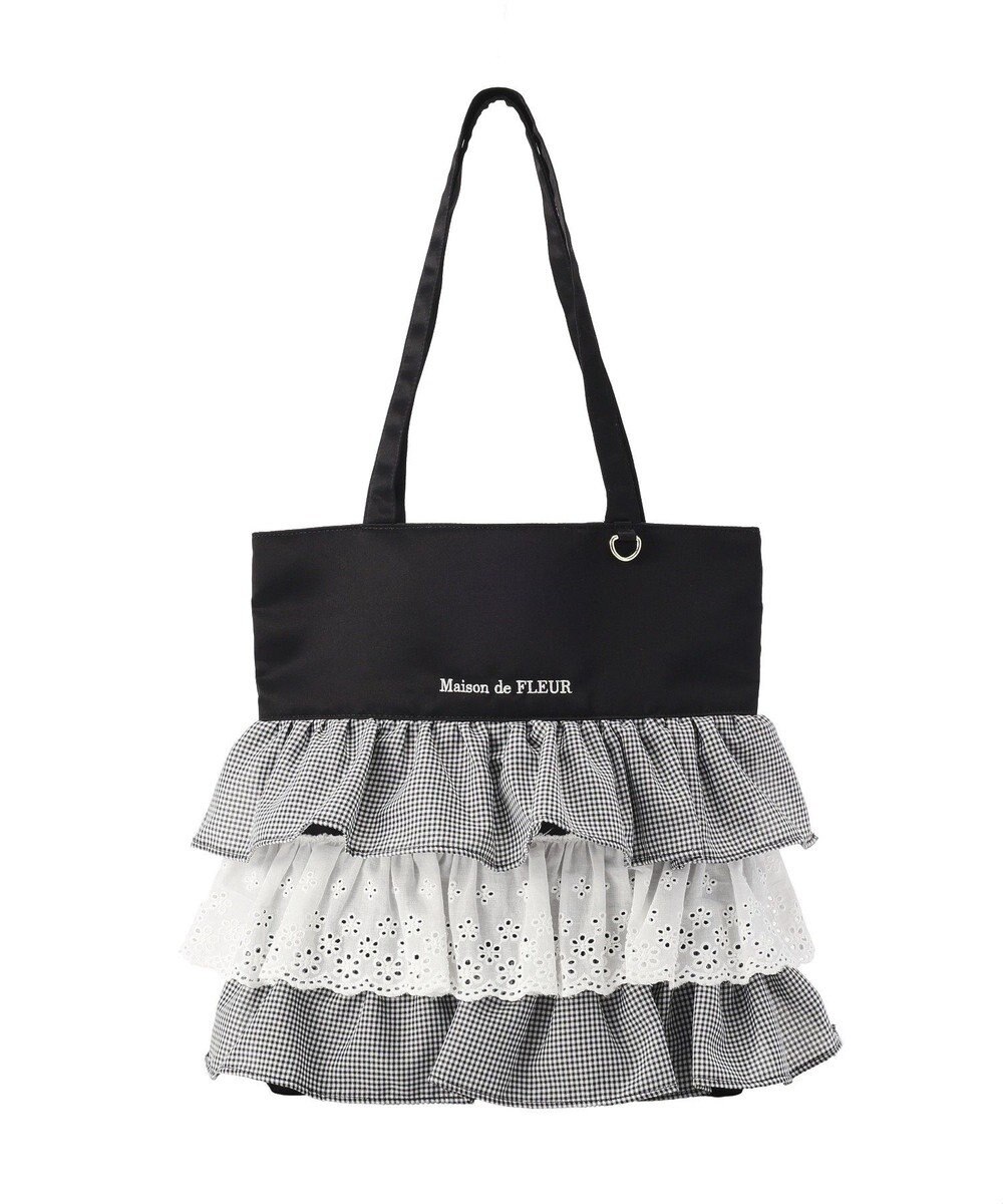 Maison de FLEUR サテンフロントフリルスクエアトートバッグ 