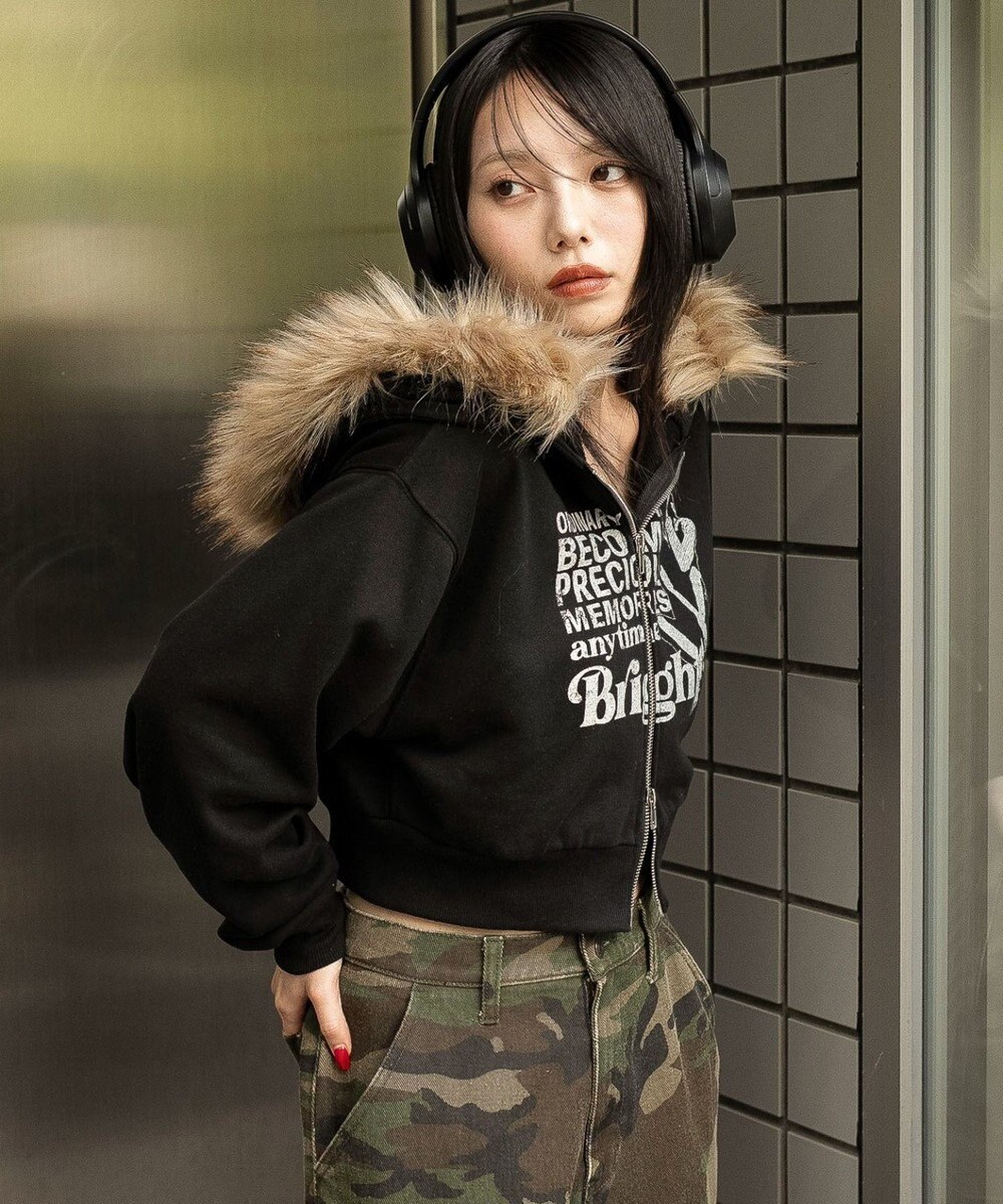 WEGO ファーフードショートZIPパーカー 