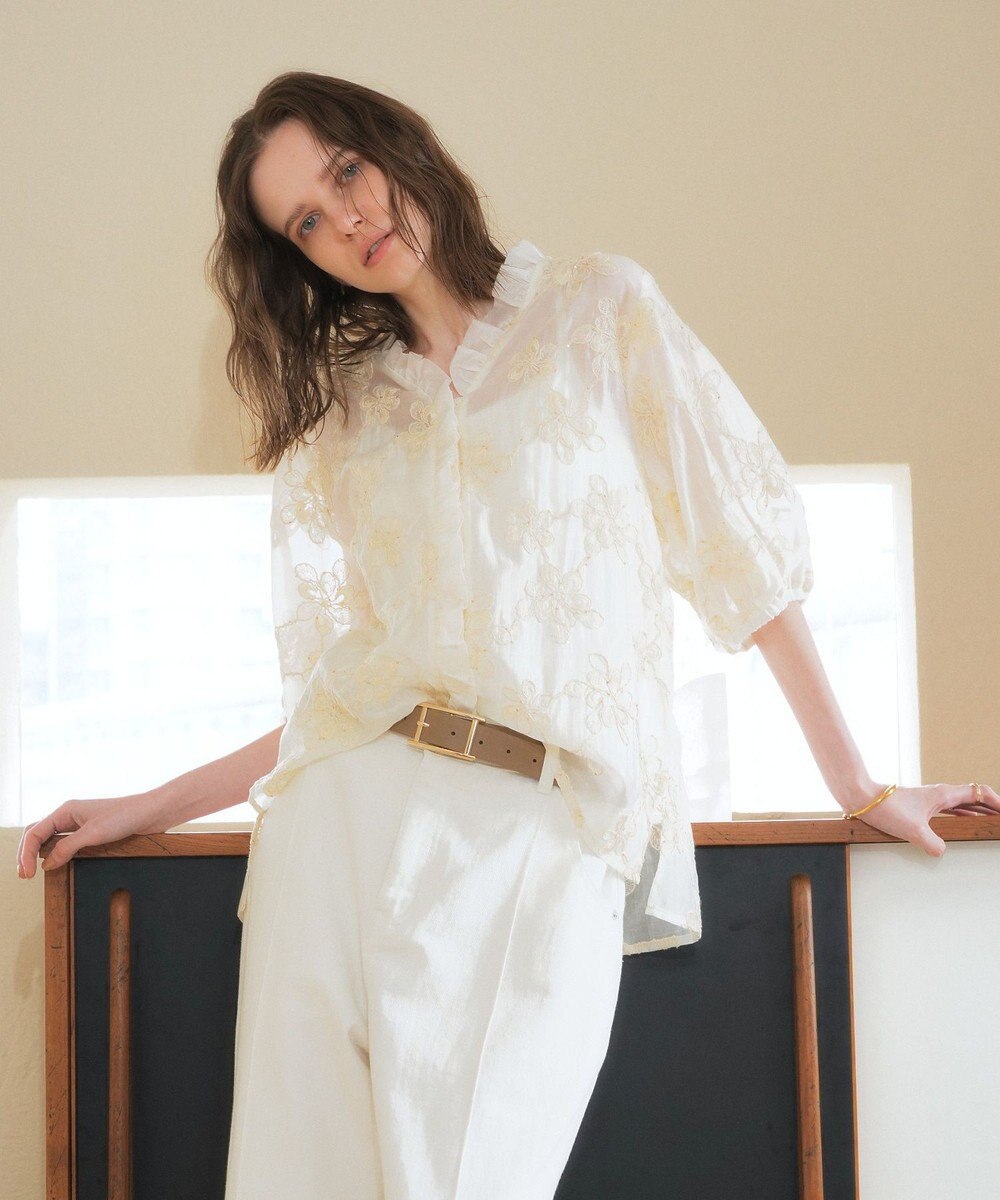 YECCA VECCA フリルVネック刺繍シアーシャツ 