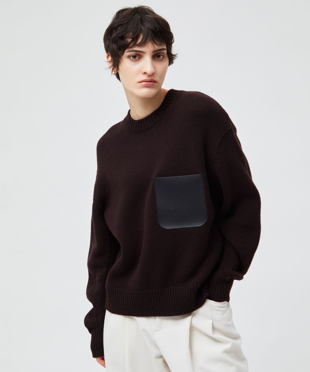 BEIGE， 【洗える】LEADER / フェイクレザーポケットクルーネックトップス 