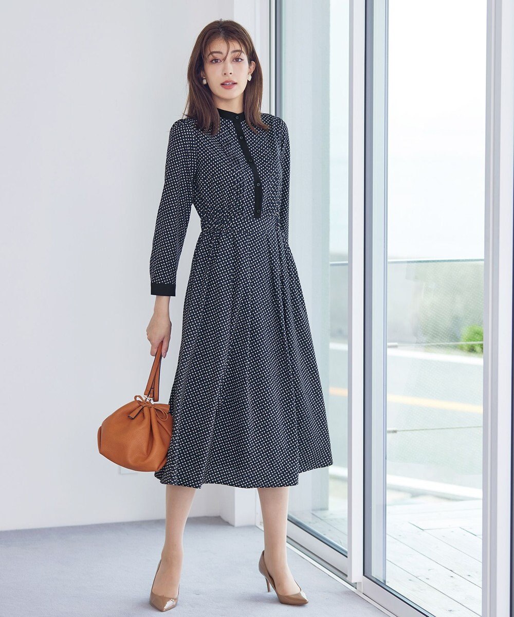 Tiaclasse 【新色追加・洗える】配色バンドカラー幾何学柄ワンピース 