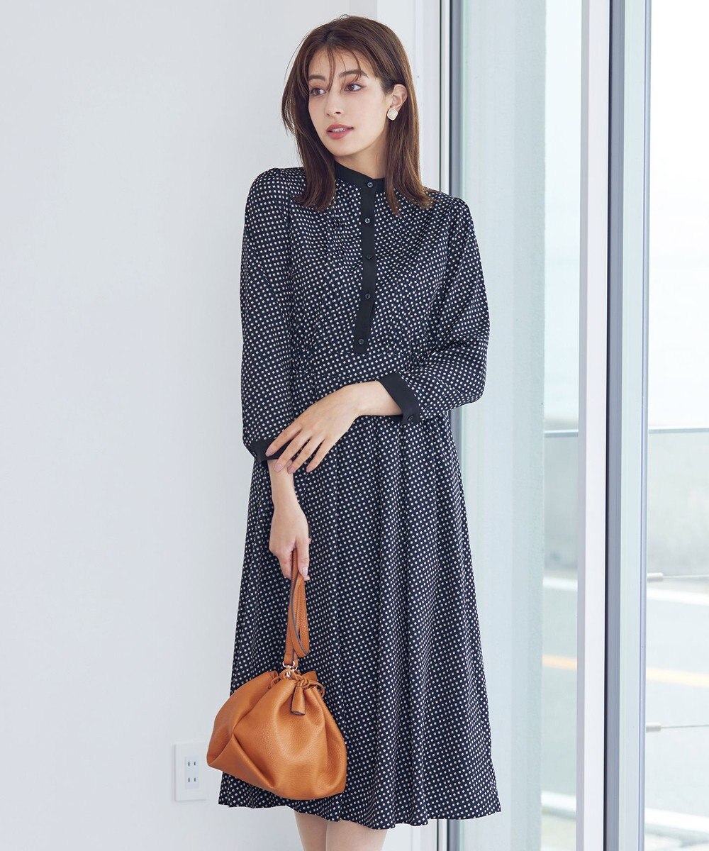 Tiaclasse 【新色追加・洗える】配色バンドカラー幾何学柄ワンピース 