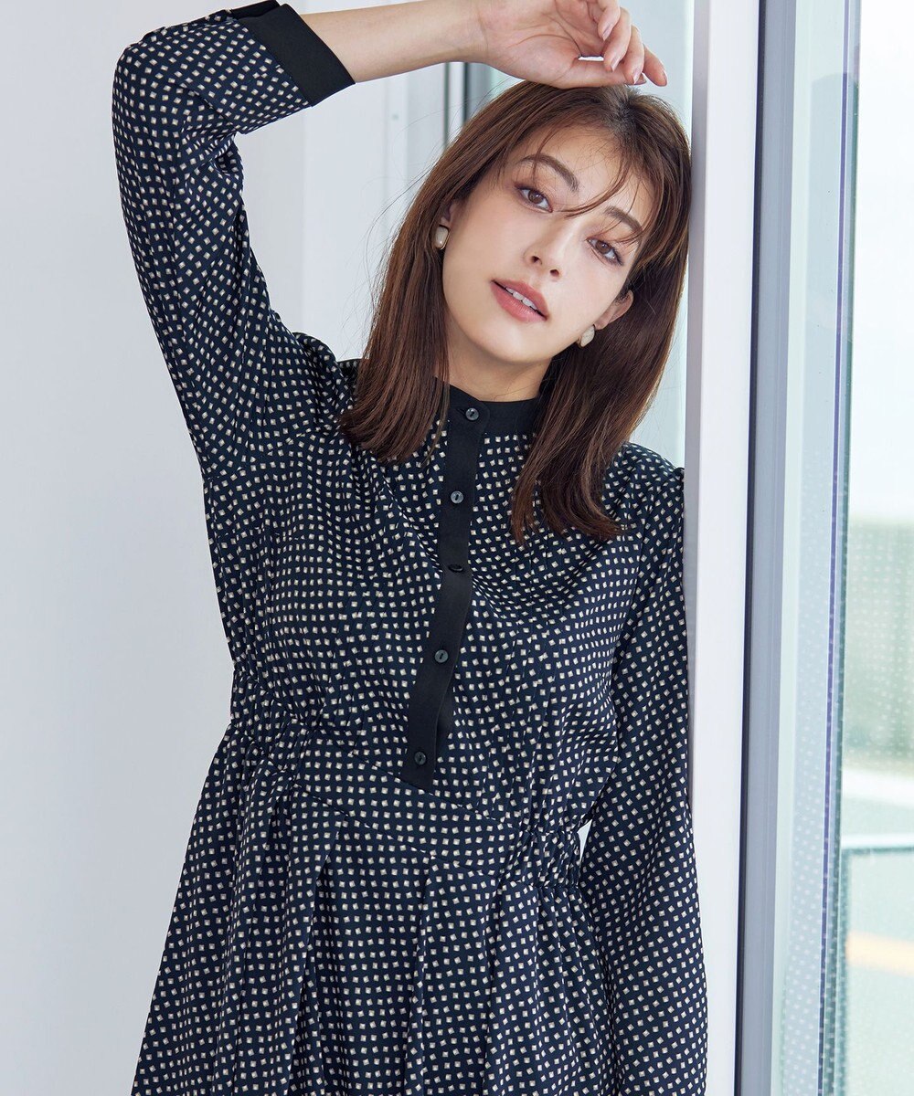 Tiaclasse 【新色追加・洗える】配色バンドカラー幾何学柄ワンピース 