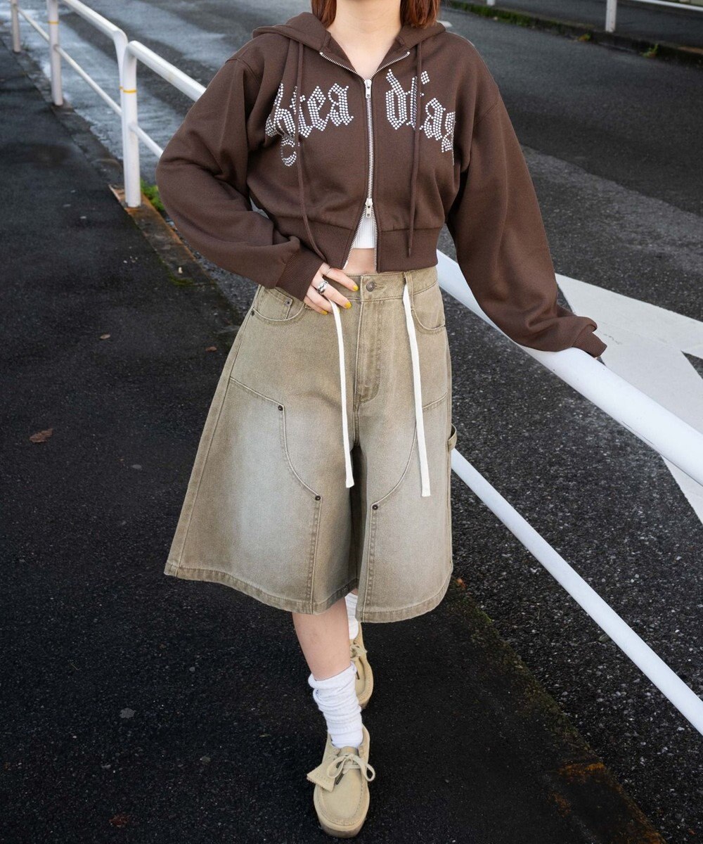 WEGO 【裏起毛】ラインストーン裏起毛ショートジップパーカー 