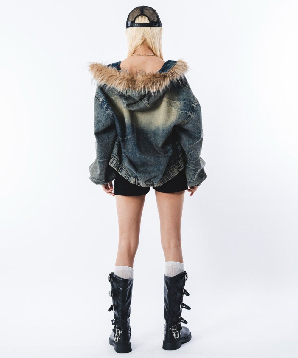 WEGO 【ユニセックス着用ITEM】ファーフードスラッシュデニムブルゾン 