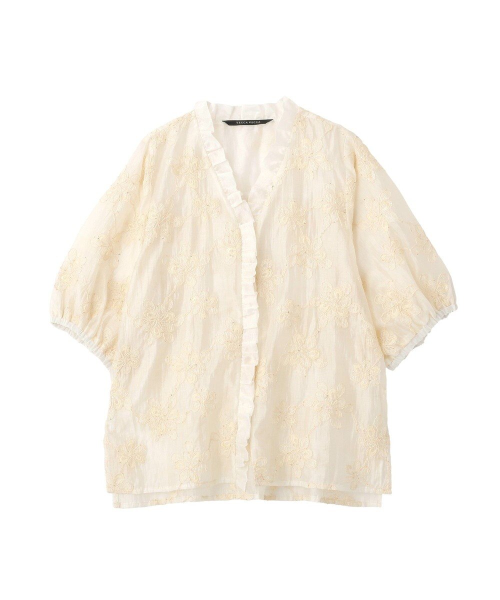 YECCA VECCA フリルVネック刺繍シアーシャツ 