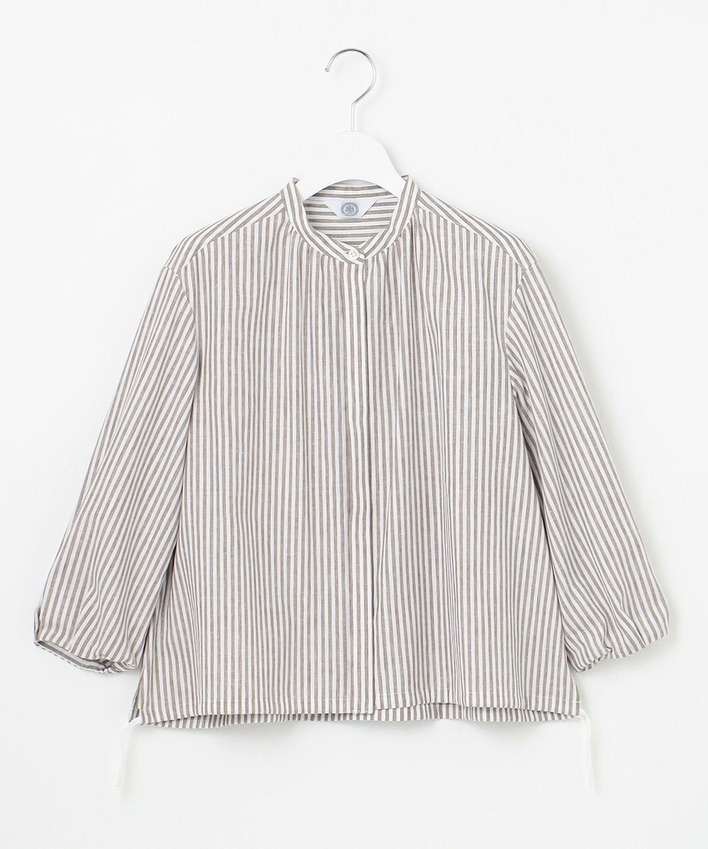 J.PRESS LADIES S 【洗える・接触冷感・吸水速乾】麻STRIPE バンドカラー シャツ ブラウス 
