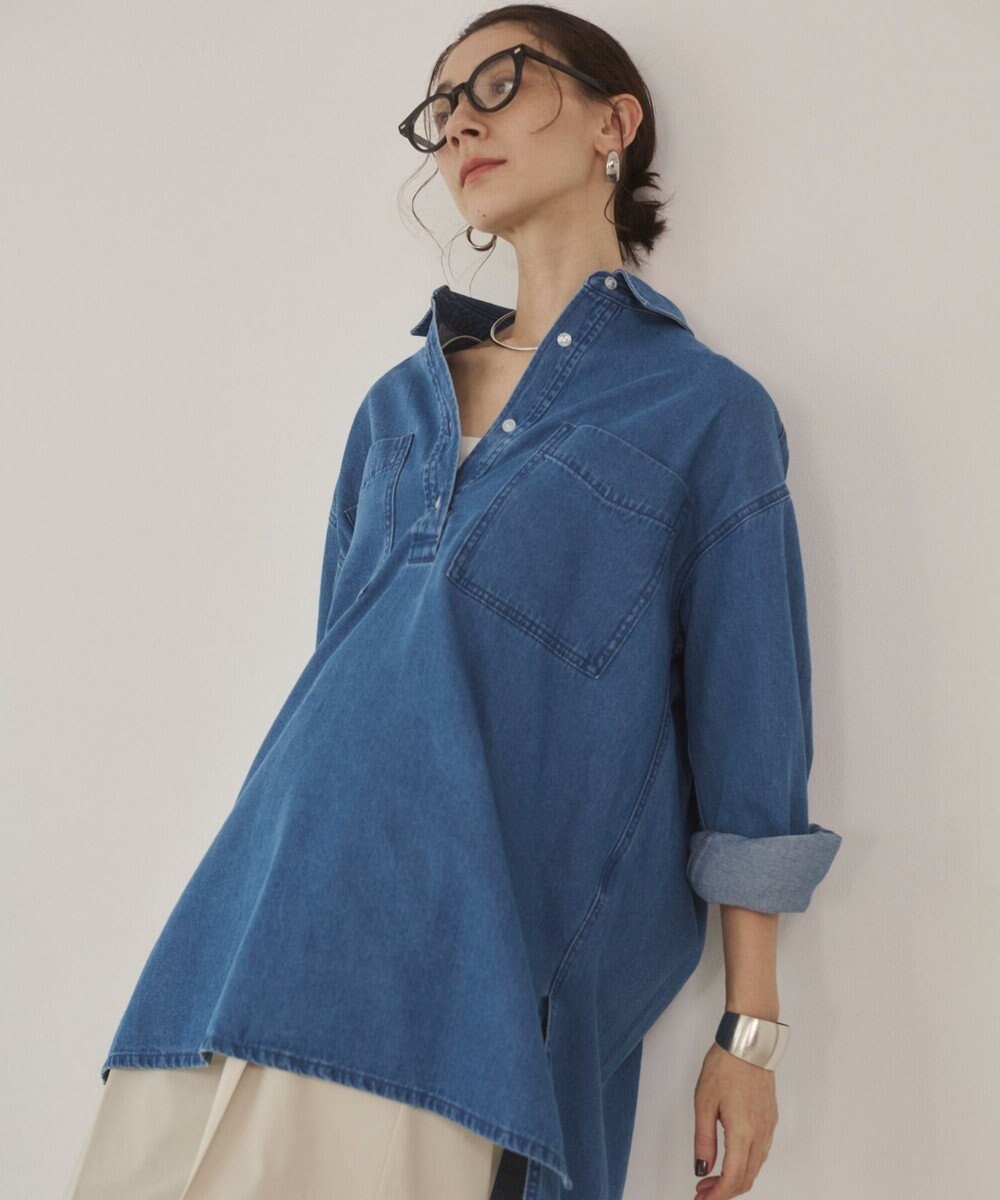 WEGO 【ANGIE VINTAGE】襟が選べる デニム チュニック シャツ （バンドカラー/レギュラーカラー） 