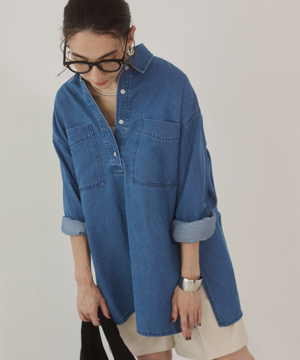 WEGO 【ANGIE VINTAGE】襟が選べる デニム チュニック シャツ （バンドカラー/レギュラーカラー） 
