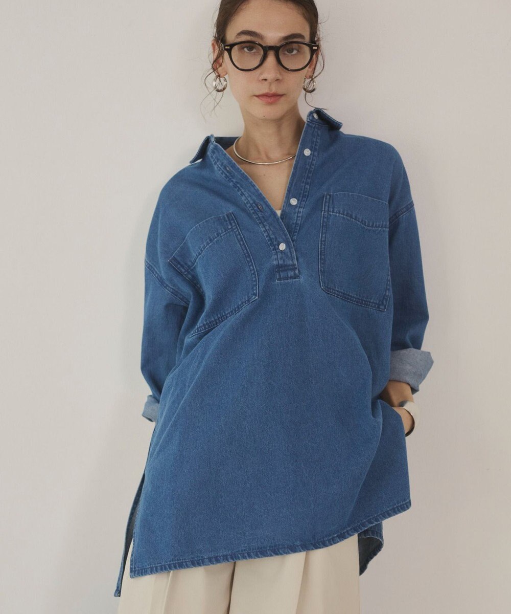 WEGO 【ANGIE VINTAGE】襟が選べる デニム チュニック シャツ （バンドカラー/レギュラーカラー） 