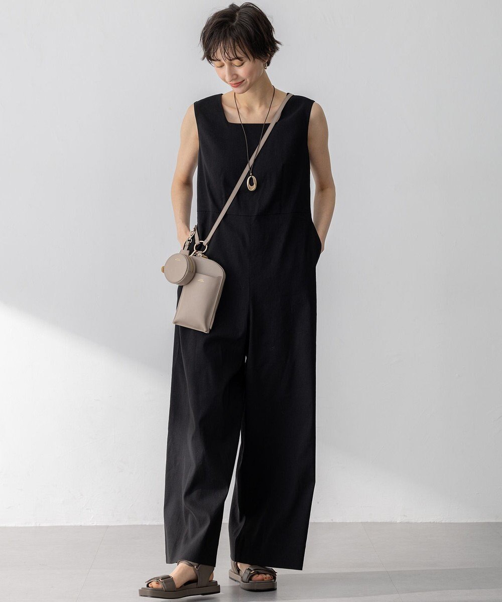 23区 S 【洗える】リネンレーヨンストレッチ スクエアネック オールインワン 