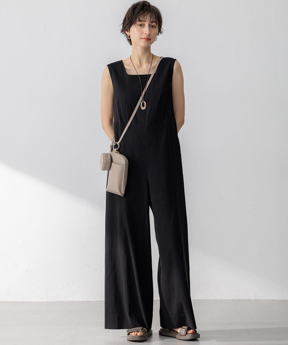 23区 S 【洗える】リネンレーヨンストレッチ スクエアネック オールインワン 