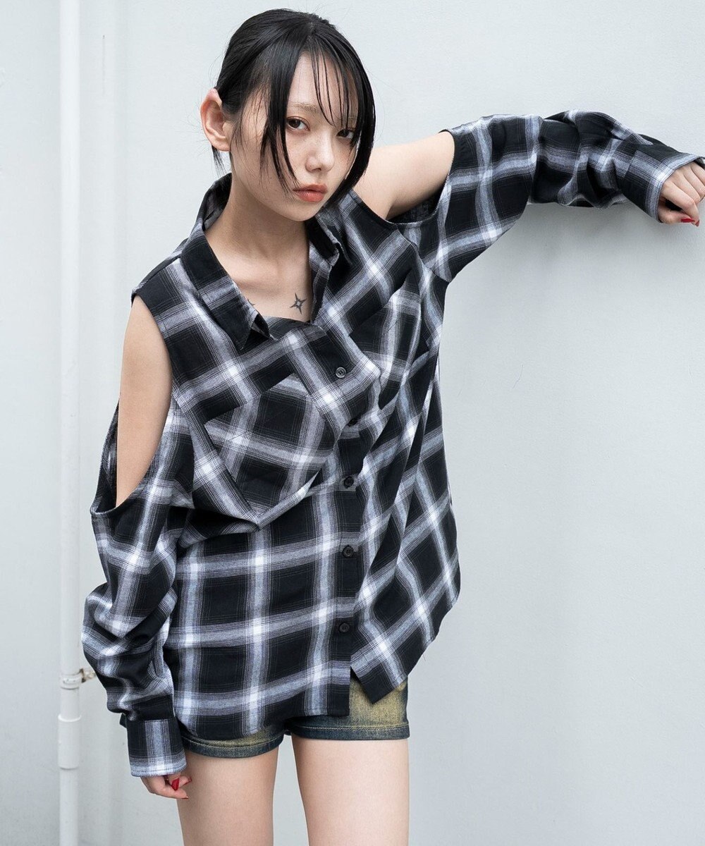 WEGO オープンショルダーチェックBIGシャツ 
