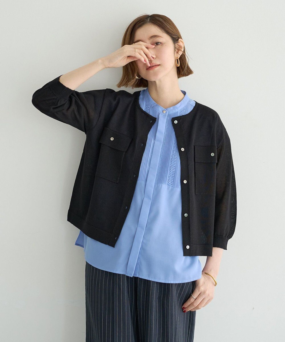 YECCA VECCA ノーカラー7分袖ポケットカーディガン 