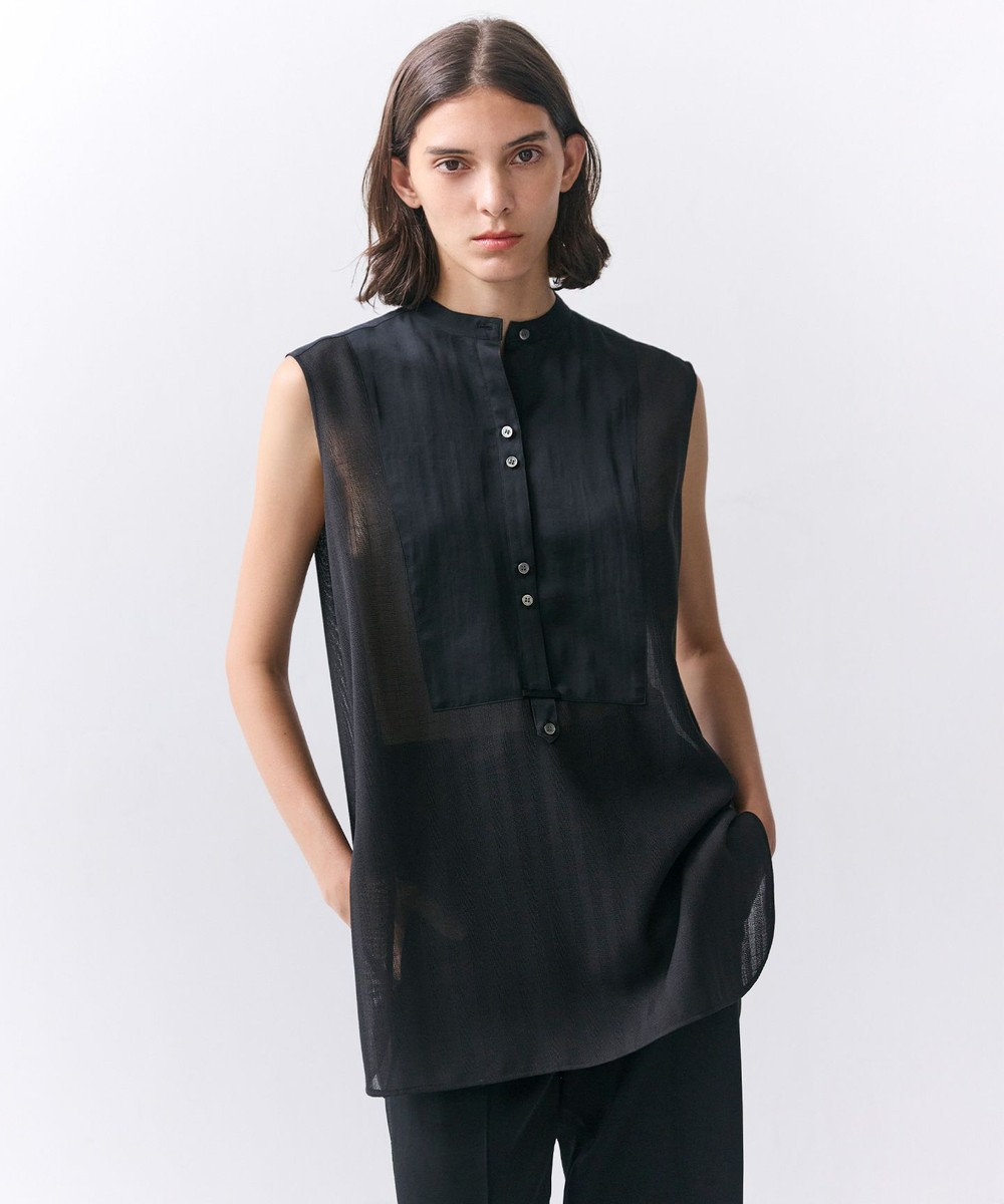 BEIGE， GOSHE / サテン切替 シアースタンドブラウス 