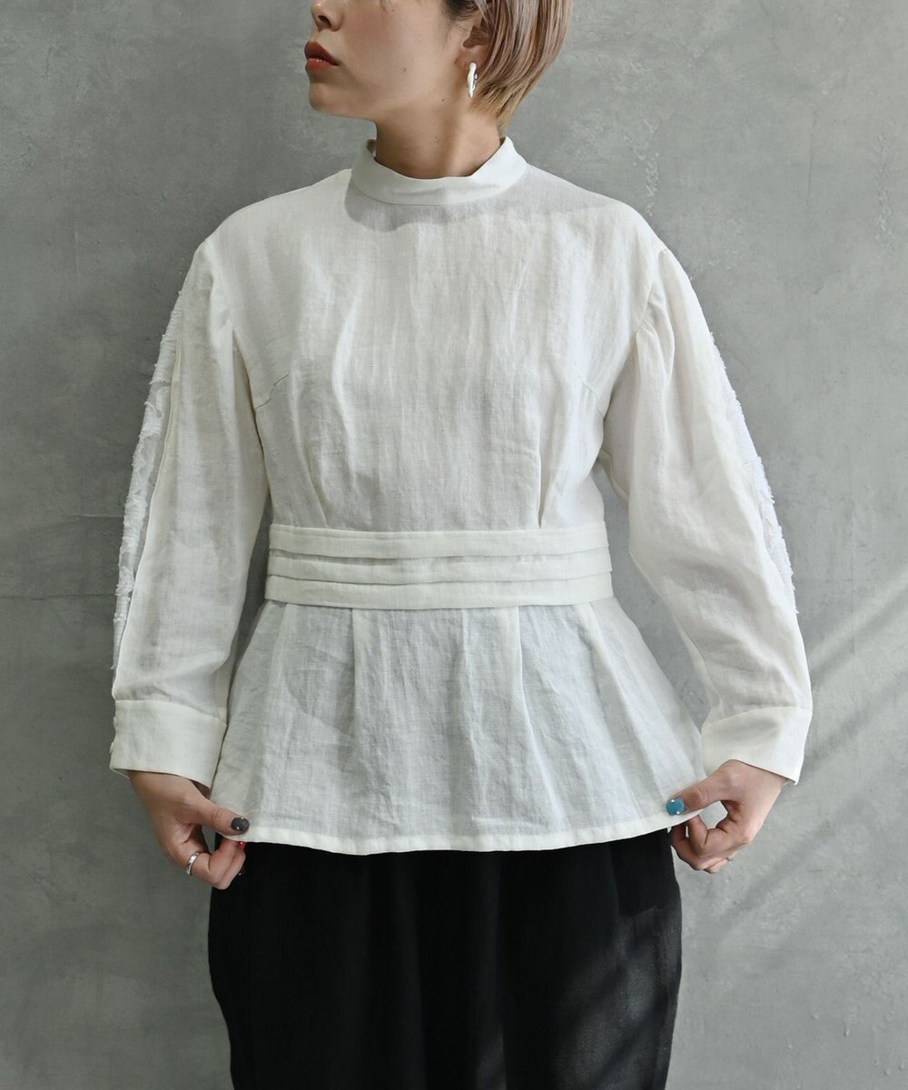 muuc 〈高品質ベルギーリネン100%〉〈通年着られる〉カットジャカード生地デザイン袖 クラシカルシルエットのブラウス 