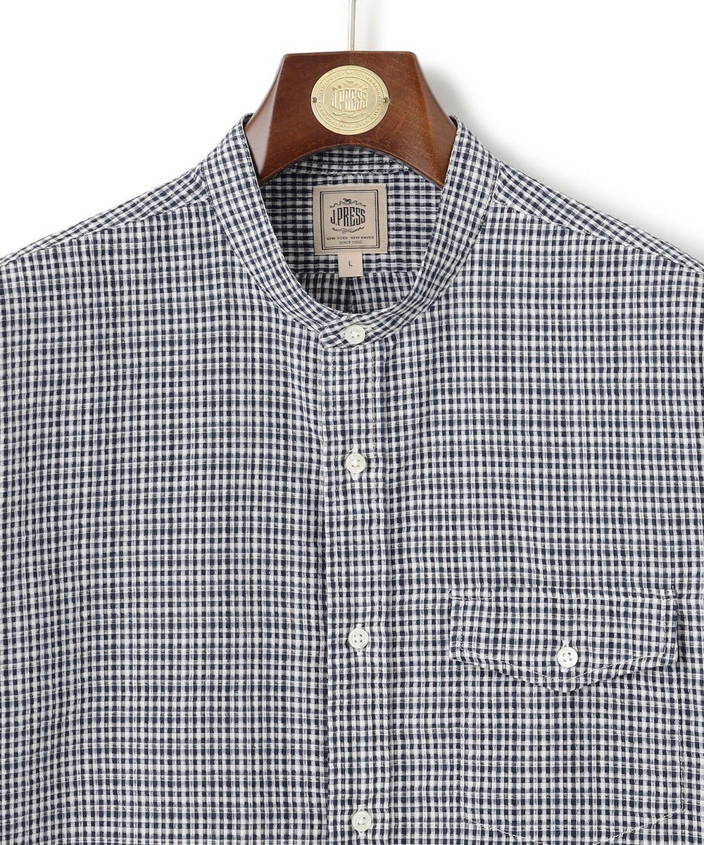 J.PRESS MEN 真夏を乗り切る爽快感と機能性【吸水速乾 / 接触冷感 / 高通気性 / ウォッシャブル】サッカーチェック シャツ / バンドカラー 
