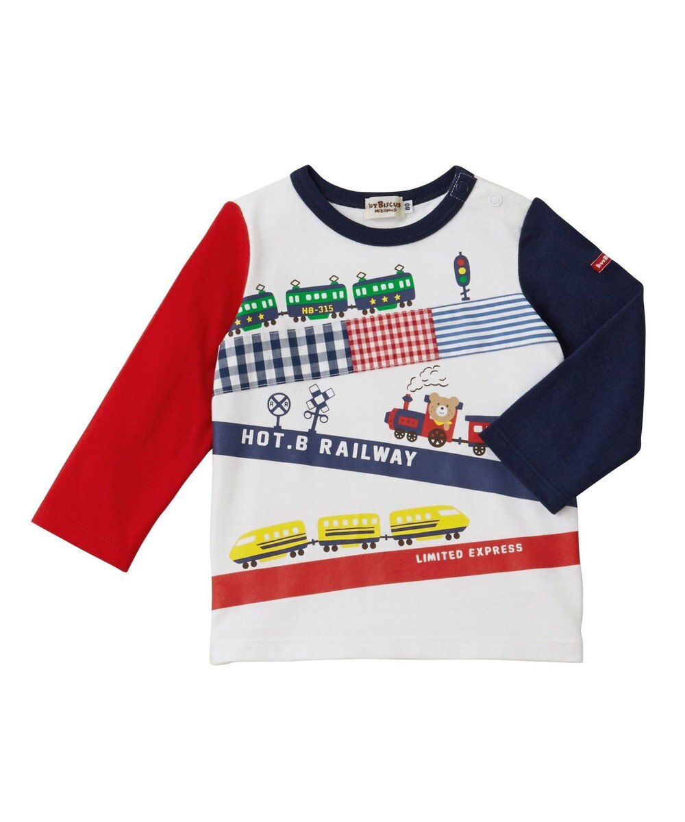 【80-120cm】 電車がいっぱい長袖Ｔシャツ, 白, 80cm