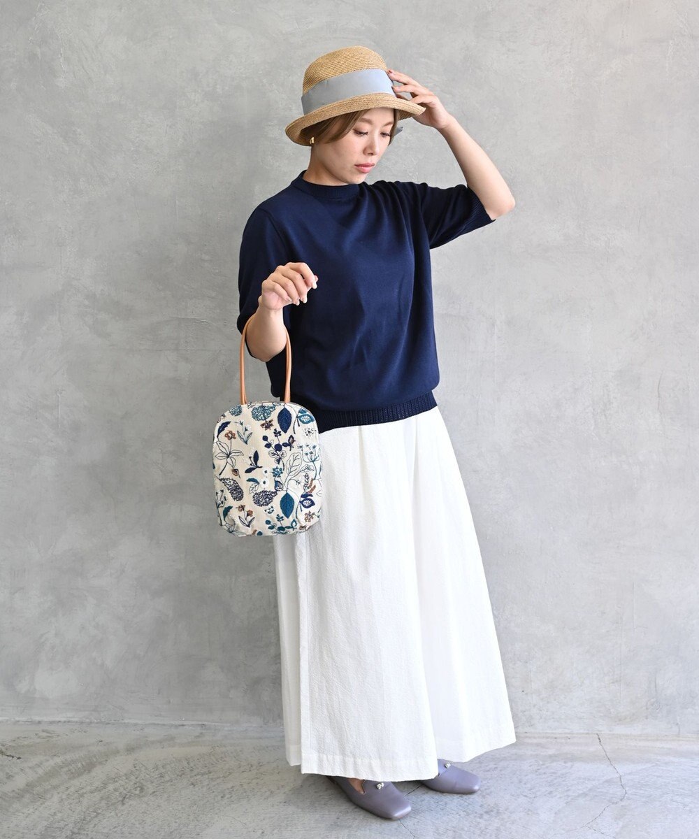 muuc 〈心地よいコットン・シアサッカー生地〉筆記帳刺繍ベルトデザイン切り替え 後ろゴム有り フレアーパンツ 