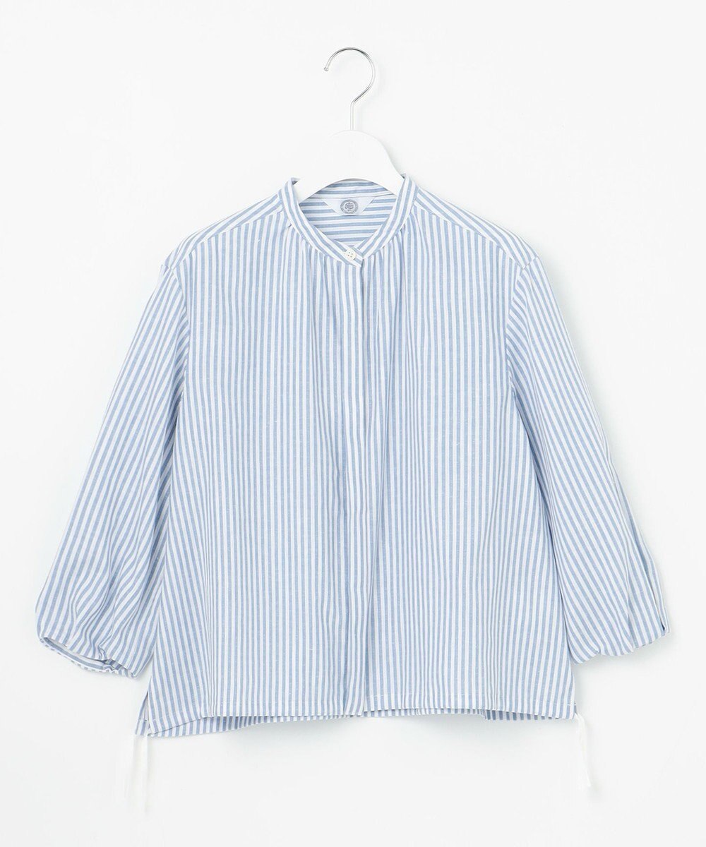 J.PRESS LADIES 【洗える・接触冷感・吸水速乾】麻STRIPE バンドカラー シャツ ブラウス 