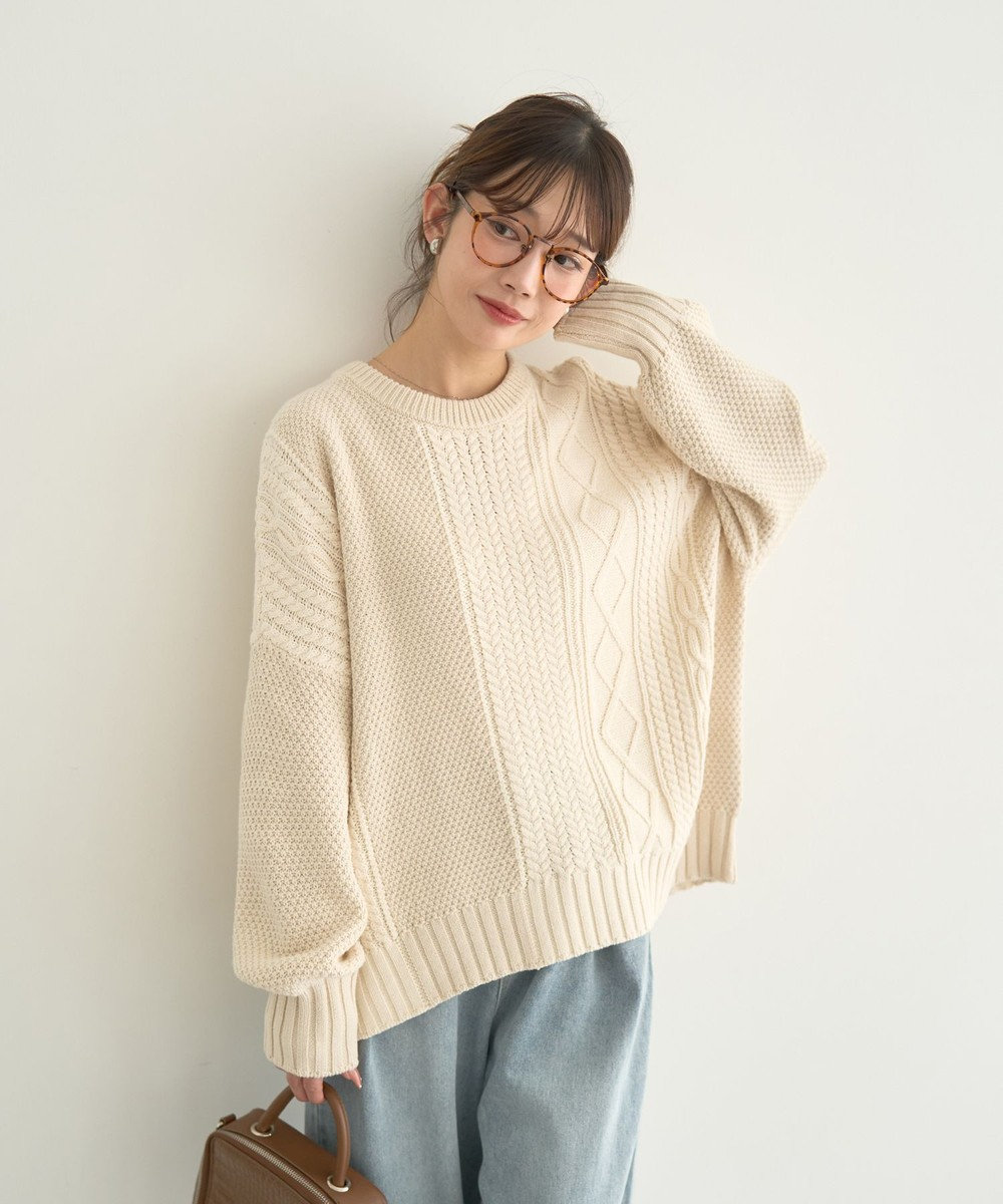 earth music&ecology 【洗濯機洗い可】アンチピリングC/Aパッチワークケーブルニット 