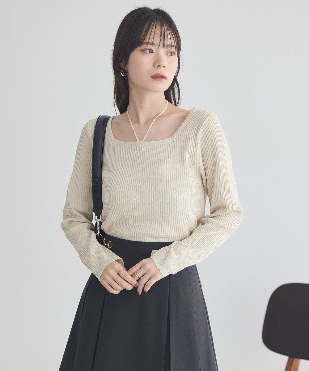 earth music&ecology 【洗濯機洗い可】スクエアホルターネックリブプルオーバー 