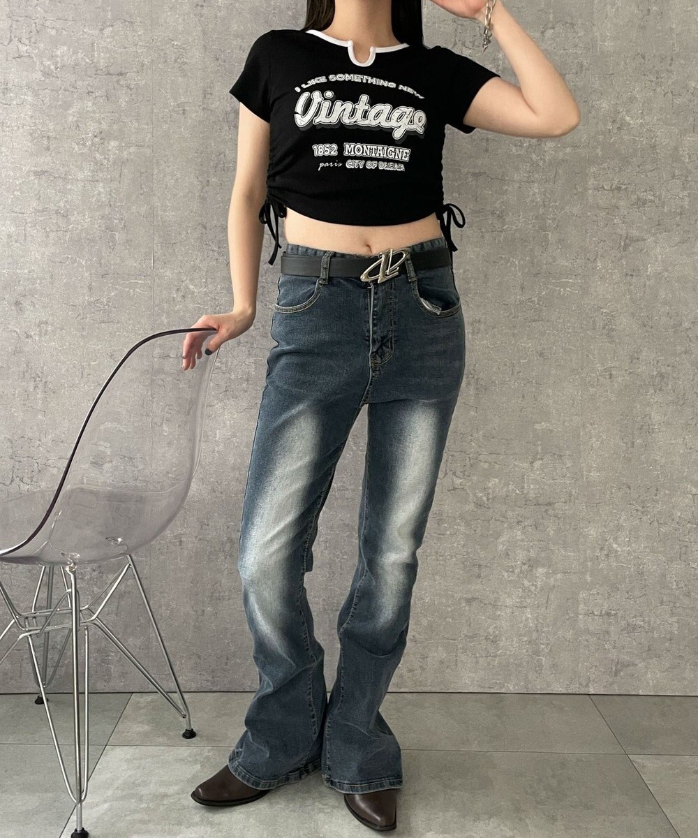 WEGO 配色サイドギャザーVネックT 