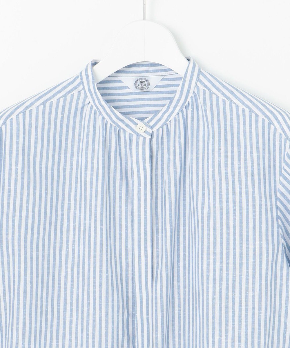 J.PRESS LADIES 【洗える・接触冷感・吸水速乾】麻STRIPE バンドカラー シャツ ブラウス 