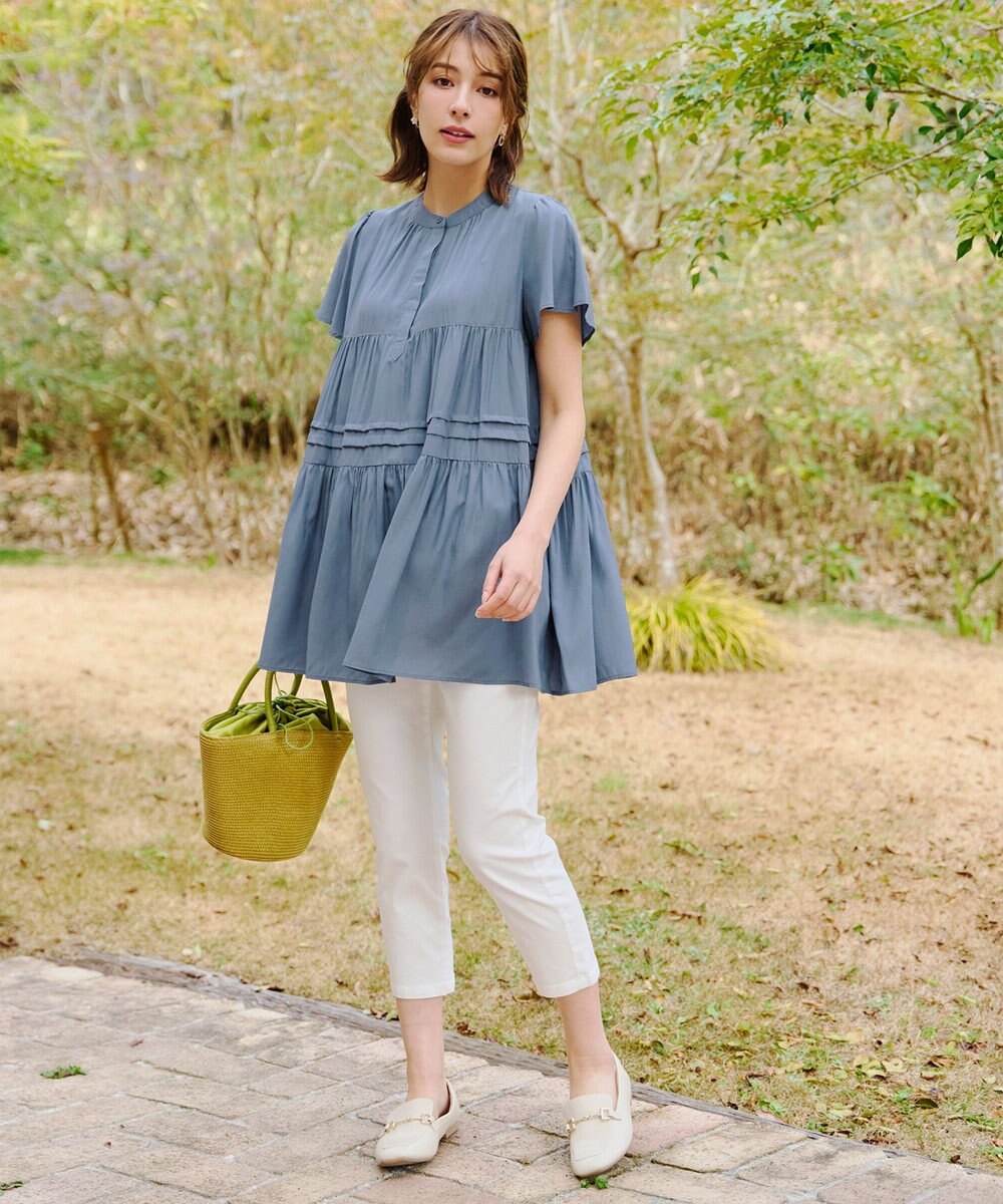 Tiaclasse 【洗える】バンドカラーティアードシャツチュニックブラウス 