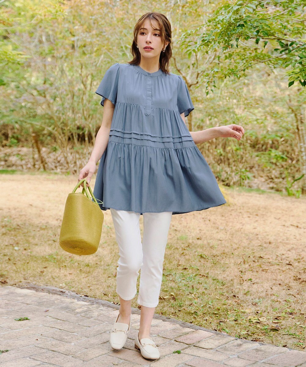 Tiaclasse 【洗える】バンドカラーティアードシャツチュニックブラウス 