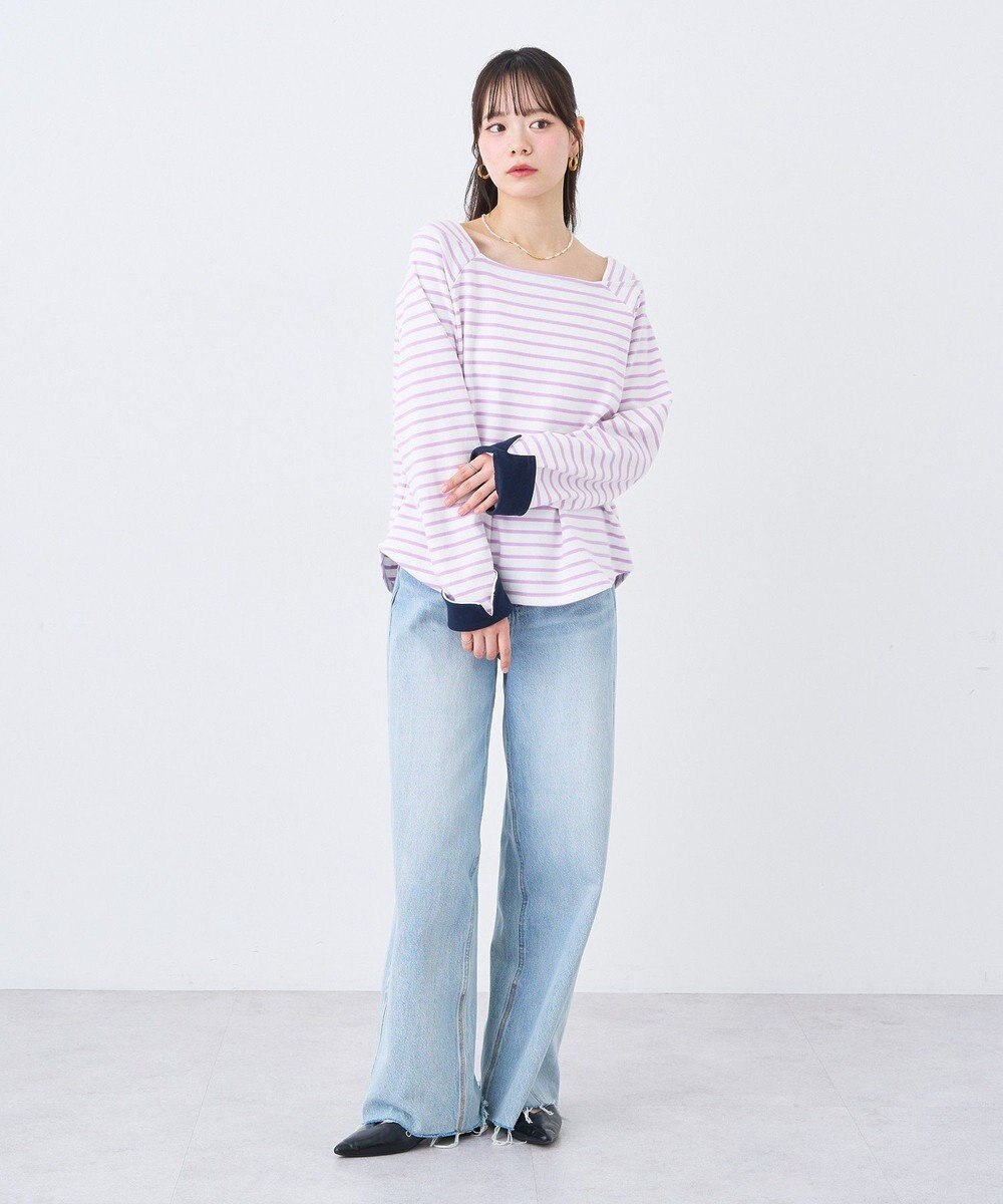 earth music&ecology バイカラースクエアネックボーダープルオーバー 