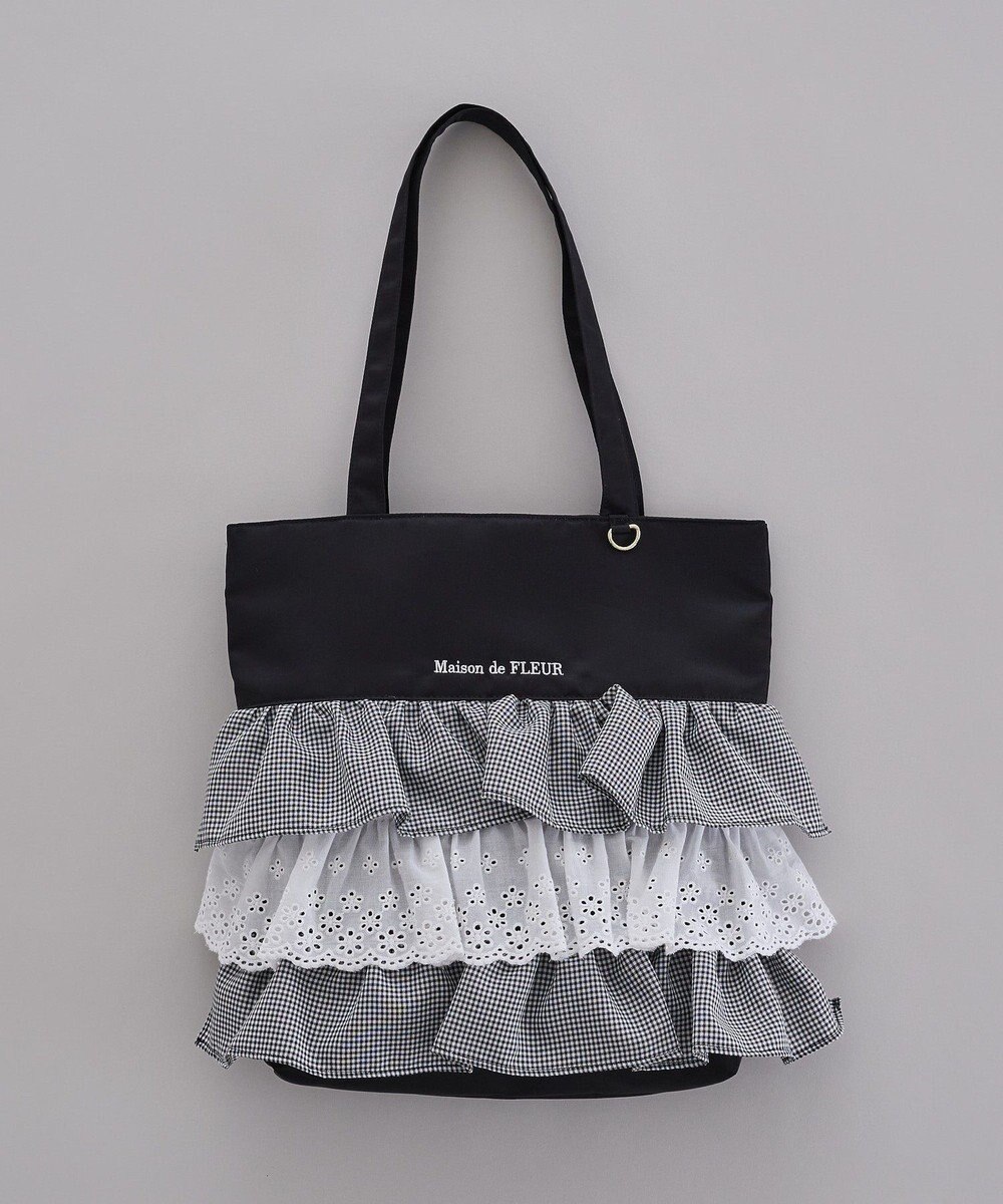 Maison de FLEUR サテンフロントフリルスクエアトートバッグ 