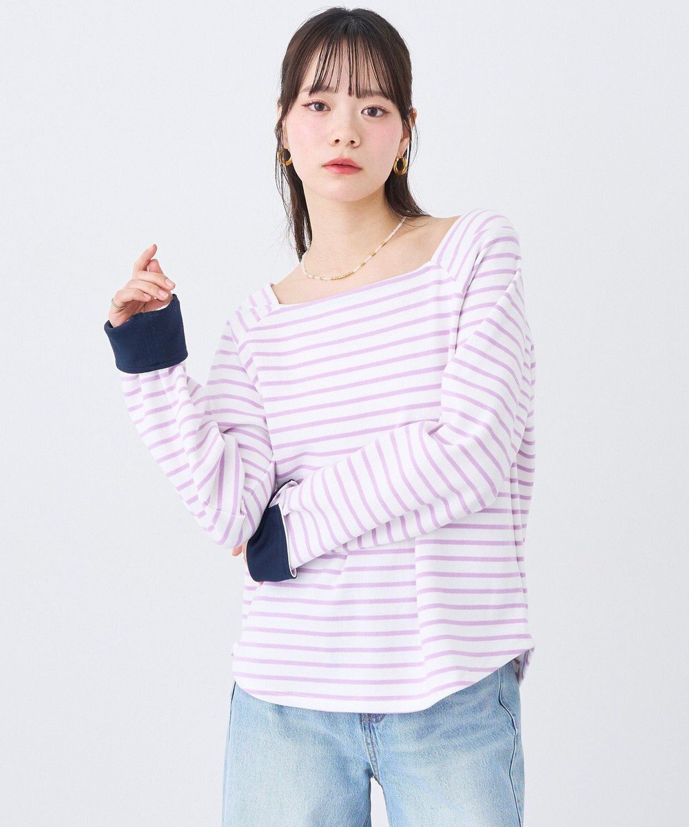 earth music&ecology バイカラースクエアネックボーダープルオーバー 