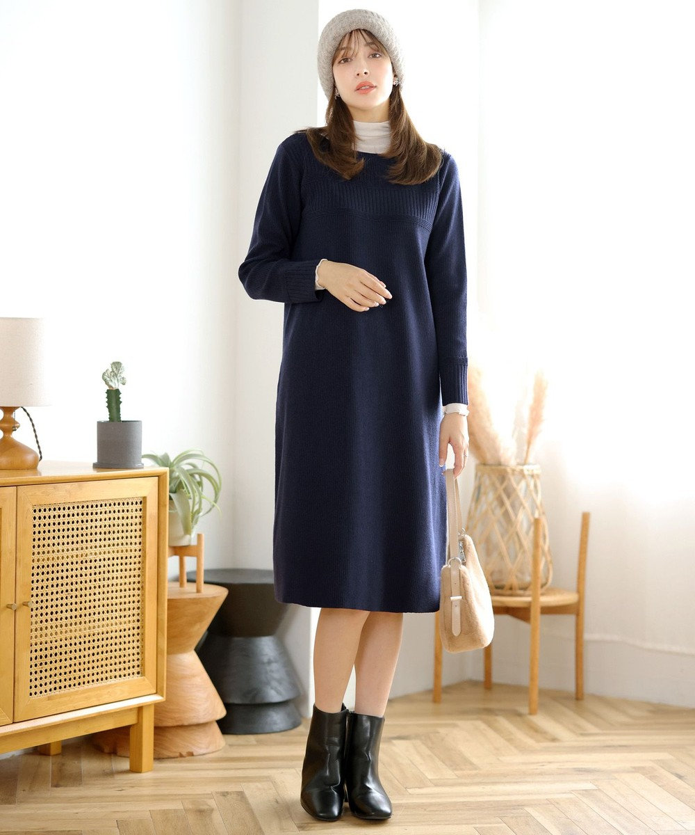 Tiaclasse L 【洗える】リブ切替デザインニットワンピース 