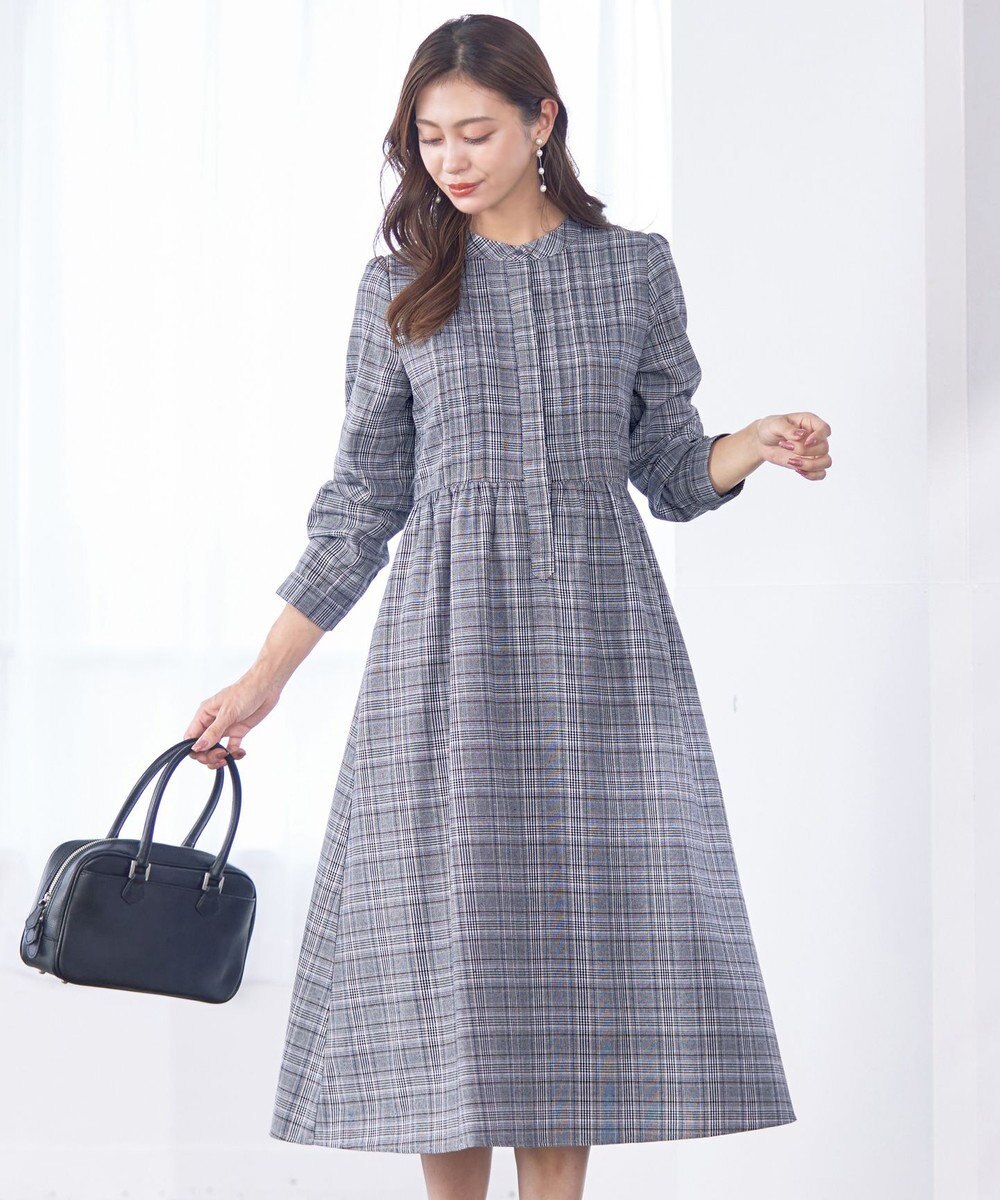 Tiaclasse 【洗える】バンドカラーチェック柄シャツワンピース 