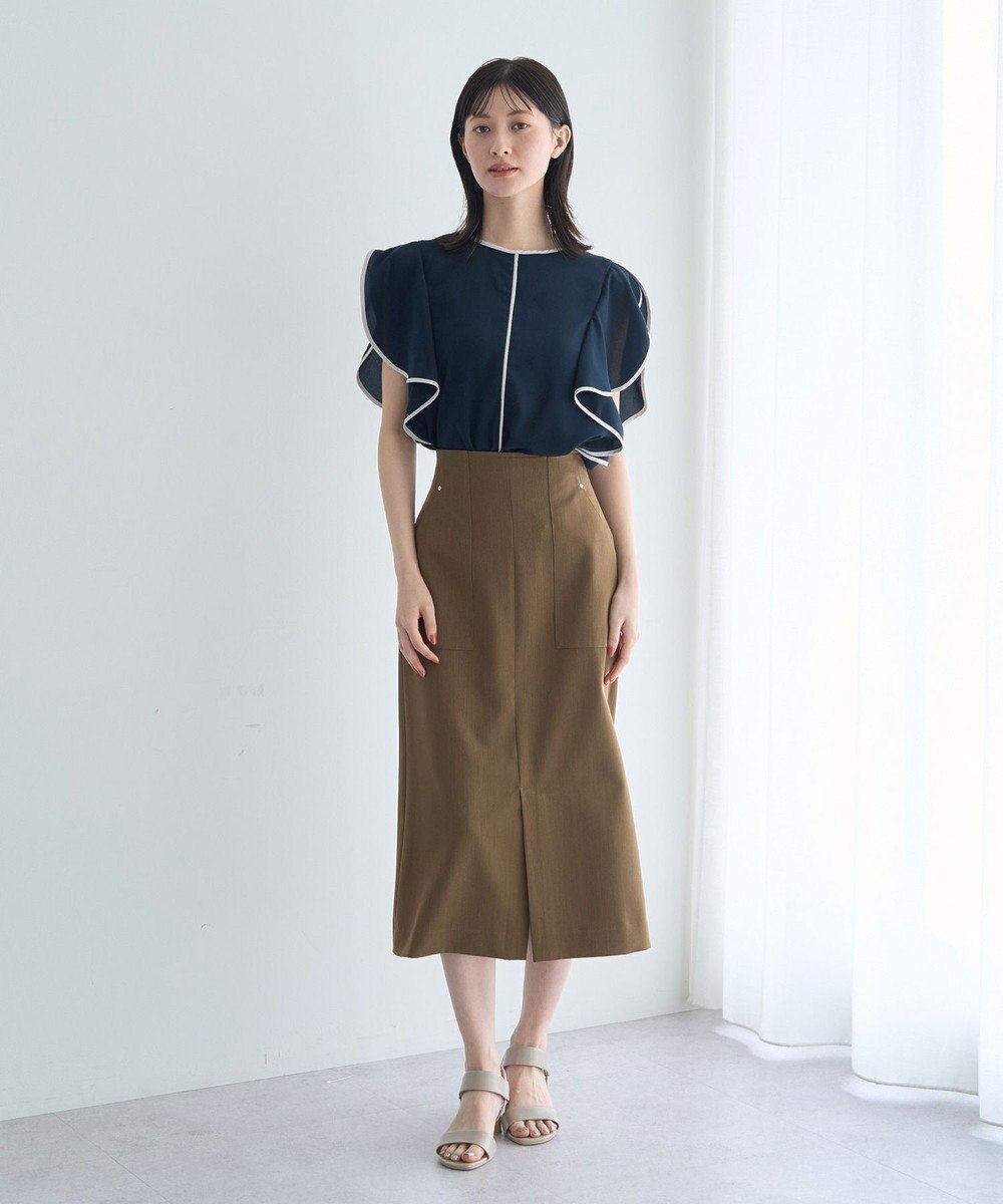 YECCA VECCA 配色ラッフルスリーブブラウス 